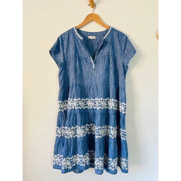 Roller Rabbit Womens Sz Larga Blue & White Embroidered Cotton Tiered Dress - Picture 2 of 9